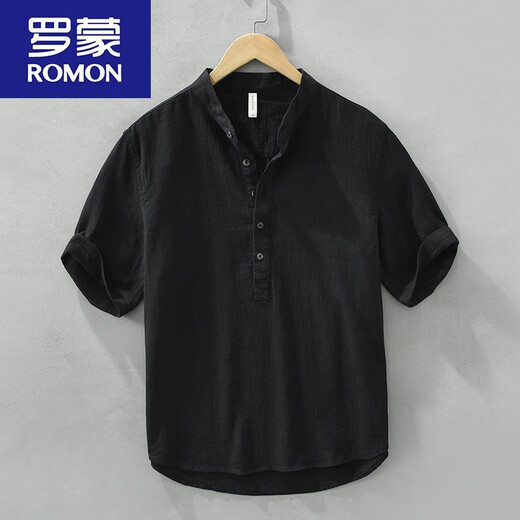 罗蒙（ROMON）中国风苎麻短袖男立领T恤棉麻复古休闲透气薄款亚麻半开衫短t 黑色 棉麻宽松水洗 L 120-145斤