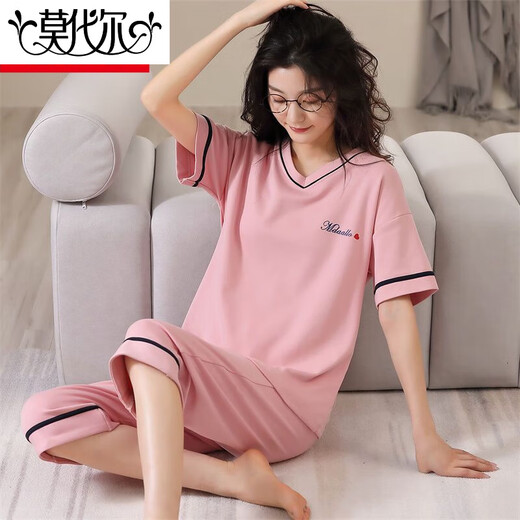 莫代尔纯棉睡衣女夏季短袖七分裤套装宽松春夏天可外穿家居服 短袖七分裤681 2XL 建议125-135斤穿