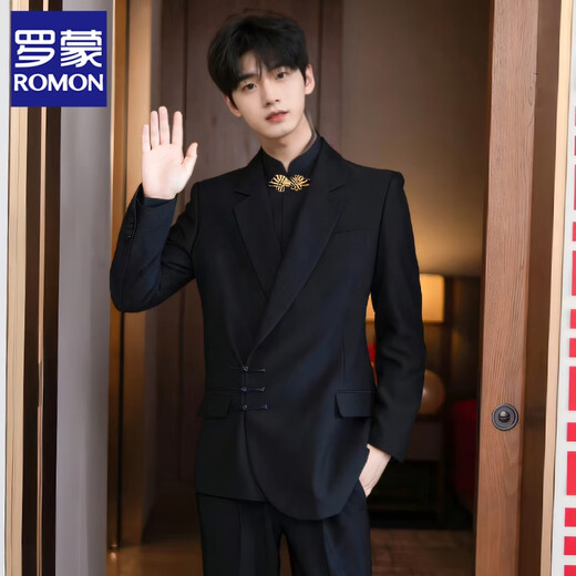 ROMON's new Chinese-style buckle suit men's suit, engagement groom, wedding dress suit, high-end Chinese style Tang suit, Chinese tunic suit, black jacket + pants + stand collar black shirt XL