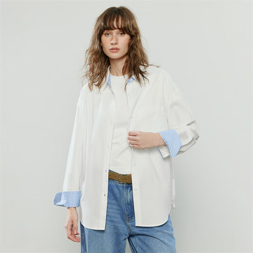 Chuyu pure cotton long-sleeved shirt for women 2025 autumn new style stitching plaid design niche shirt commuting top off-white L
