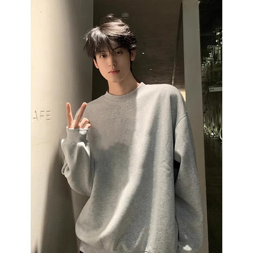 Katuchi cleanfit black heavyweight round neck sweatshirt men's autumn American retro handsome long-sleeved inner bottoming shirt top black XL