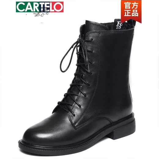 卡帝乐鳄鱼（CARTELO）真皮马丁靴女平底短靴冬季新款低跟帅气骑士靴大码春秋单靴41女靴 黑色单里(头层牛皮) 38