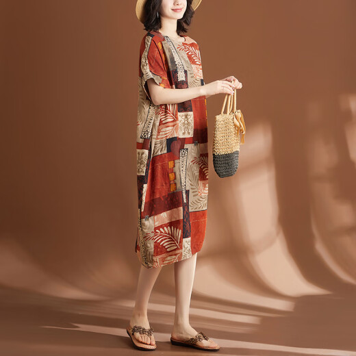 
JIANDANG (JIANDANG) large-size women's summer new fat MM retro literary and ethnic style loose slimming belly-covering dress 9207 picture color large-size average size [130-185Jin [Jin equals 0.5 kg]]