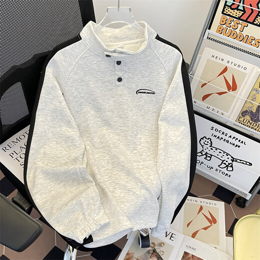 Capti Spring and Autumn Outdoor Striped Texture Sweatshirt National Trend Henry Collar Cotton Sweatshirt Men's Training Long Sleeve Heavy Jacket Gray M