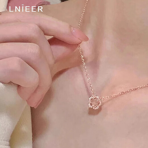 Lnieer S925 silver romantic cherry blossom pendant necklace for women with light luxury niche design rose gold clavicle chain as a gift for girlfriend Sakura pink crystal necklace S925 silver