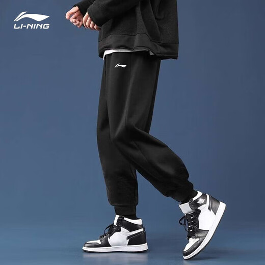 Li Ning (LI-NING) velvet sports pants men's autumn and winter new trousers with cuffs, loose trousers, casual pants, sports pants, black cuffs, regular cotton, comfortable and skin-friendly XL /180 (145-170Jin Jin is equal to 0.5 kg)