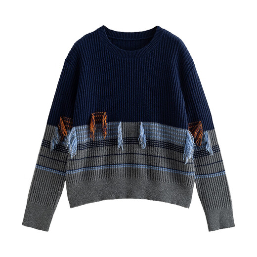 Chuyu Sweater Women's 2025 Winter New Loose Retro Nomadic Style Tassel Contrast Color High Weight Arctic Velvet Top Navy Blue L