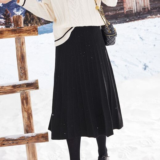 Betu women's autumn and winter new skirt French pleated high-waisted slim A-line knitted skirt for women 2310T76 black S (grey pre-sale shipped on 12/08)