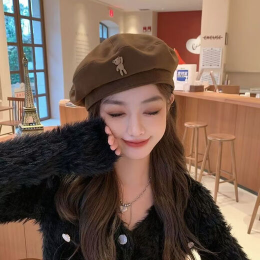 Beret women's autumn and winter versatile black ins hat Internet celebrity Korean version Japanese British retro painter hat fashion trend bear woolen beret brown head circumference (54-59cm)