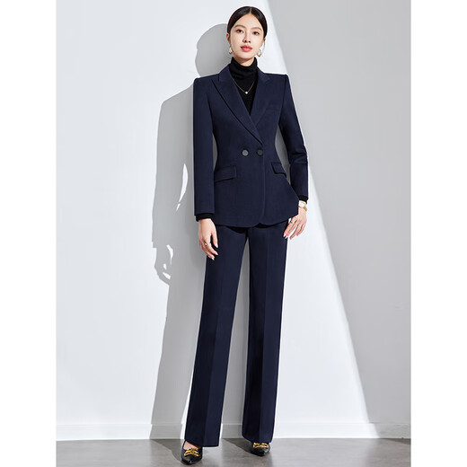 诗璐雅（SHILUYA）高端毛呢外套气质收腰案场客服女工作服外套西装套装两件套冬季厚 藏青色西装+阔腿微喇裤 L