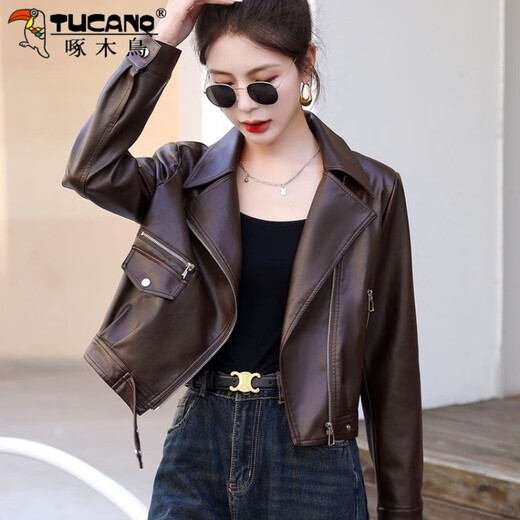 Veste en cuir de pic pour femmes courte 2025 printemps et automne Nouveau costume de moto décontracté petit pute en cuir col en brune couleur m 80-105jin [Jin est égal à 0,5 kg]