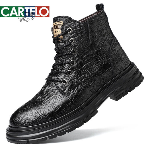 
Katile crocodile pattern leather boots new autumn lace-up soft men's shoes casual print mid-top comfortable young motorcycle leather shoes 9900 single shoes black 38