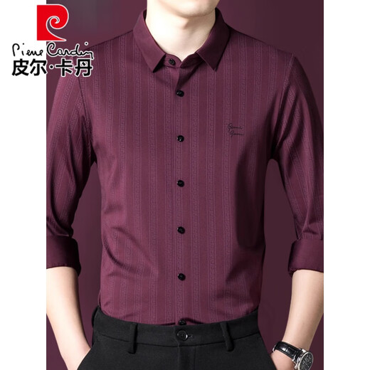 皮尔卡丹（pierre cardin）酒红色衬衫男长袖婚宴装喜公公结婚礼服爸爸本命年红衬衣父母服装 红色加绒6627 170