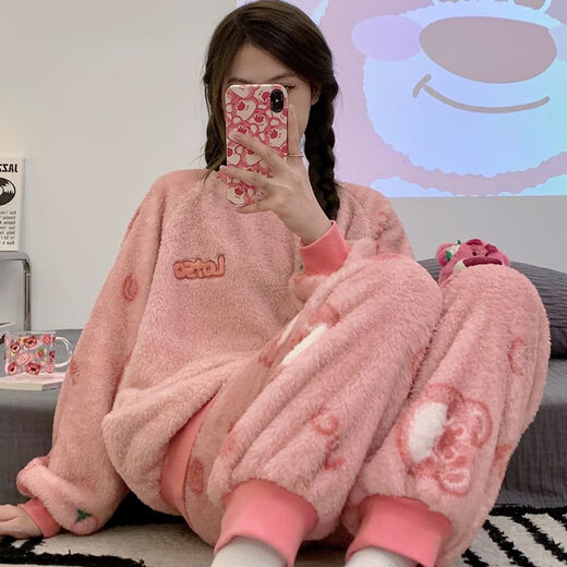 莫代尔（Madallo）睡衣女秋冬季珊瑚绒加厚保暖韩版束口卡通可爱法兰绒家居服套装女 1105长毛绒 M[建议80-100斤]