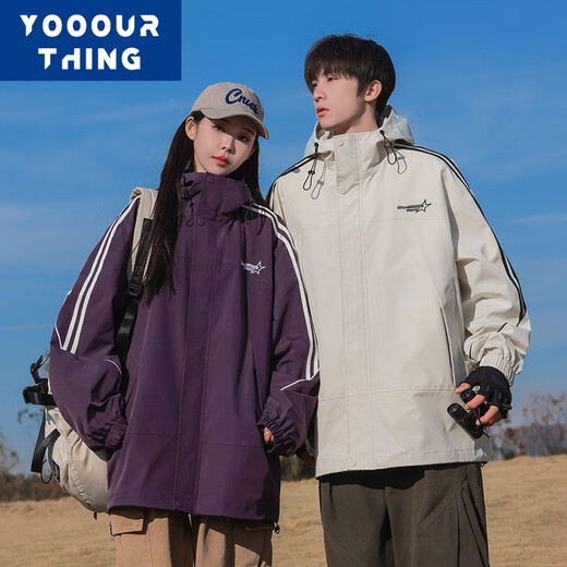 YOOOURTHING山系冲锋工装上衣男女春秋新款城市轻户外夹克男刺绣连帽外套男 CYJK9276-米杏 M建议85-100斤