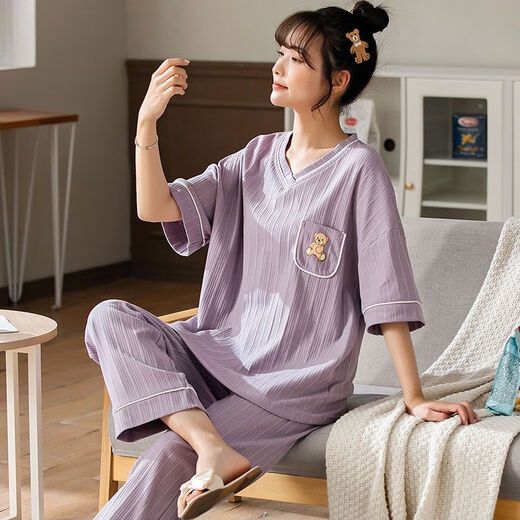 浪莎（langsha）睡衣女夏季棉质短袖薄款套装加大码胖mm200斤可爱卡通宽松家居服 B9923七分裤 M (80-100斤内)