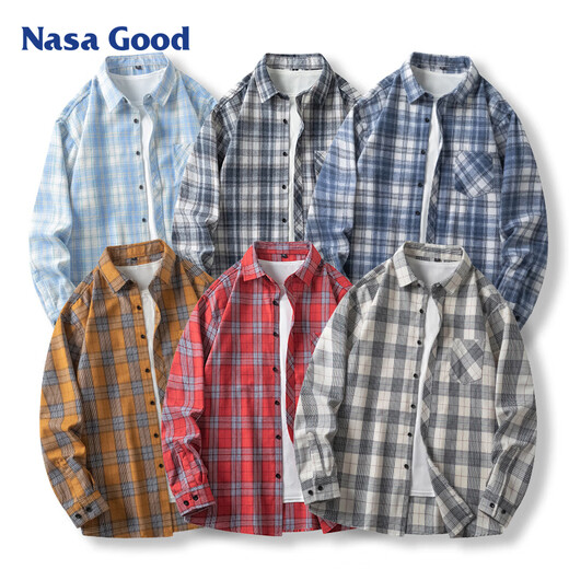 NASA GOOD长袖衬衫男春秋季韩版潮流格子衬衣青年休闲宽松外套 白XL