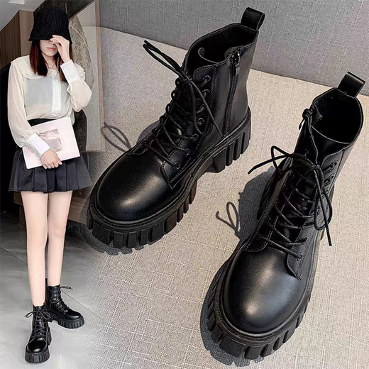 Lekali British style Martin boots for women, thick sole short boots, small heightened leather shoes with skirt work boots single boots for women, black 38