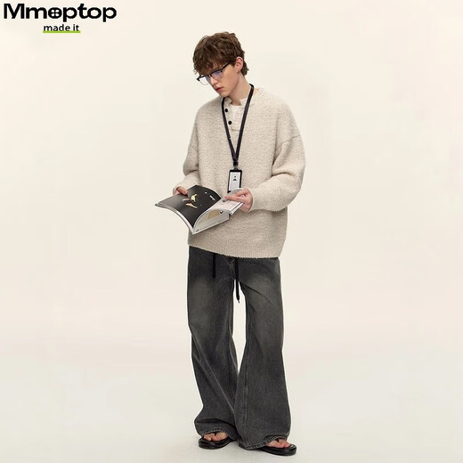 MMOPTOP relaxed henley collar pullover sweater autumn and winter men's coat containing sheep wool sweater MMY17 oatmeal gray L
