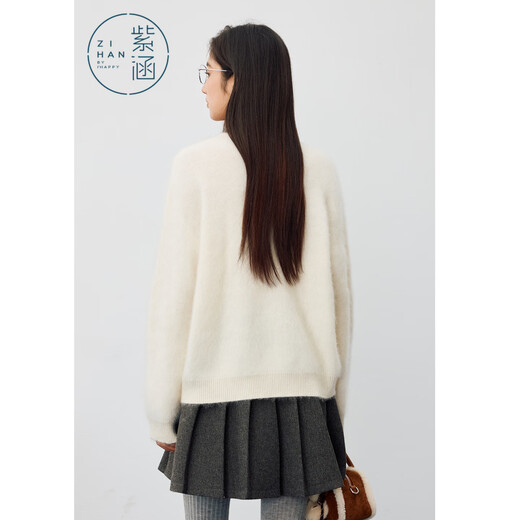 Zihan (ZIHAN) Zihan Wool Brushed Sweater Women's 2025 Winter New Penguin Jacquard Round Neck Loose Warm Inner Sweater Off-White M
