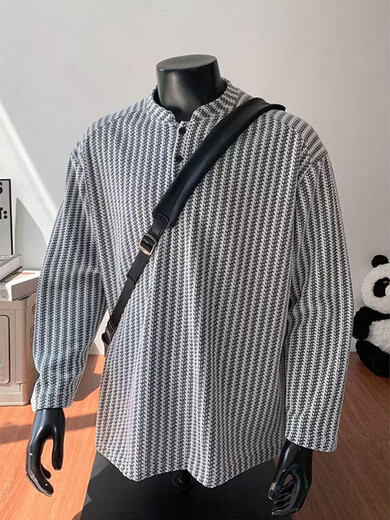 Yingtang herringbone pattern long-sleeved T-shirt for men spring and autumn new Henry collar bottoming shirt loose casual top for men YZXS-CT04 white M