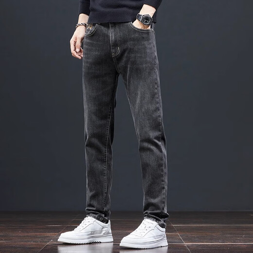 Cotton jeans for men straight slim fit 2025 new fashion brand autumn and winter plus velvet high-end men's casual long trousers spring and autumn 826 black regular 32