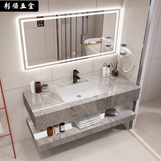 岩板洗手盆陶瓷无缝一体双层浴室柜一体洗脸盆酒店卫生间洗漱 鱼肚白无缝盆智能镜有配套五金 SPWY90*50已售9871件
