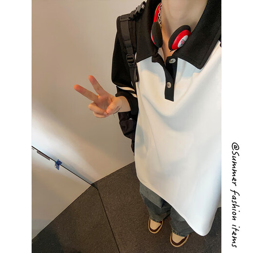 POUM短袖男夏季日系撞色T恤ins潮牌高街宽松插肩袖拼色翻领polo衫 HN-T3527灰身黑袖 M (建议90-115斤)