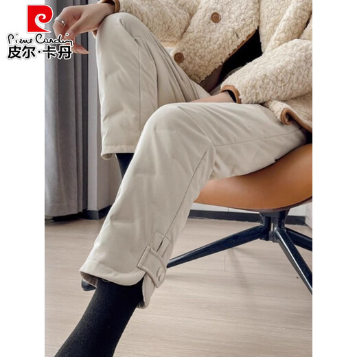 Pierre Cardin cotton trousers for women, winter 2026 new style outer wear, fashionable high-waisted windproof, cold-proof and warm straight workwear down cotton trousers, beige M 80-100Jin Jin is equal to 0.5 kg