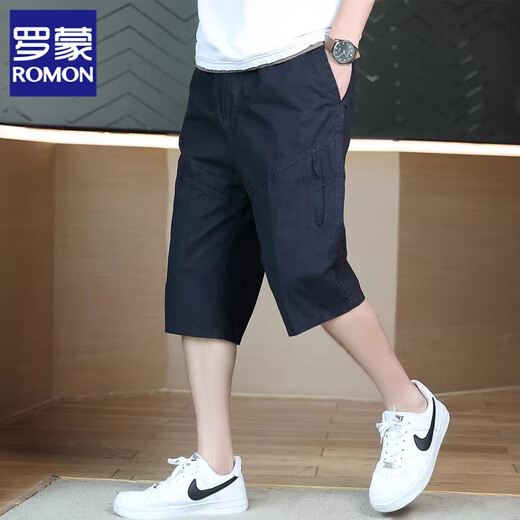 罗蒙（ROMON）纯棉短裤男士潮流夏季薄款宽松大码百搭直筒运动商务休闲七分裤 黑蓝色 3XL