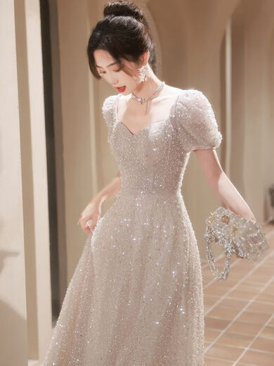翰榆年会礼服女2024新款平时可穿法式晚礼服裙高级感高端气质小众生日 米灰色 L