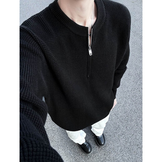 Du Xiaoxian Henry collar knitted sweater men's autumn and winter half-zip inner bottoming shirt trendy high-end loose sweater black main picture XL recommended 120-140Jin Jin equals 0.5 kg