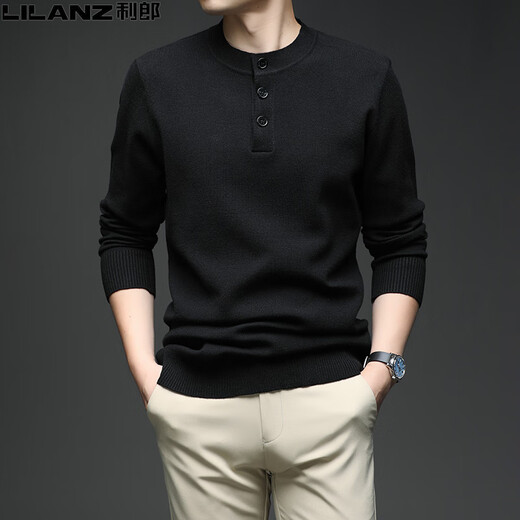 LILANZ Men's Cardigan Henley Neck Cardigan Autumn and Winter Thickened Casual Men's Round Neck Knitted Sweater Cashmere Sweater Black L 170 (120-140Jin Jin equals 0.5kg)
