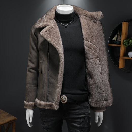 Yu Mengxindi frosted suede leather jacket for men 2025 winter fur integrated trendy plus velvet thickened suede motorcycle jacket heavy industry cotton cocoa color XL 140-160Jin Jin is equal to 0.5 kg