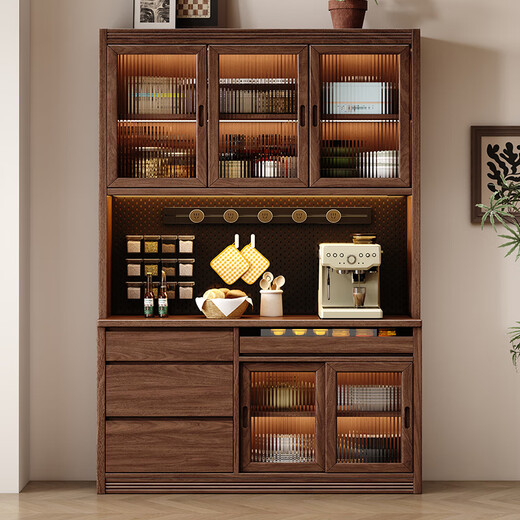 Small wooden sideboard integrated wall cabinet black walnut solid wood wine cabinet living room storage cabinet storage cabinet 1.6 meters three-door sideboard-without light combination
