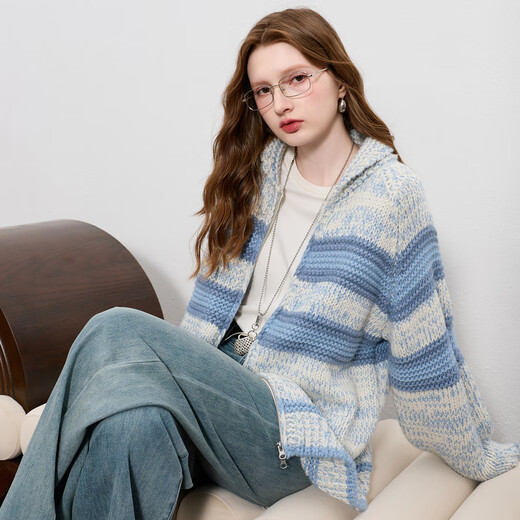 Sancai 2025 winter new style lapel raglan sleeve cardigan loose thick needle striped sweater casual M