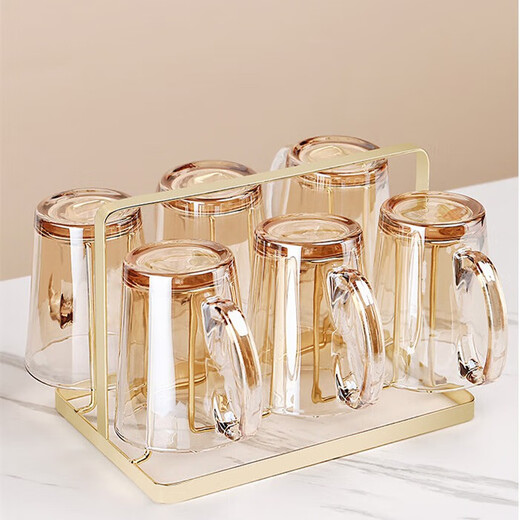 MIDOC light luxury glass water cup set, home living room design water set, family drinking cup, tea cup set for entertaining guests, six amber handle cups + gold stand + amber pot + gold mirror plate