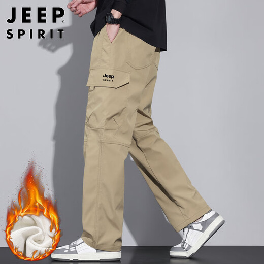 JEEP SPIRIT Jeep Overalls Men's Pants Men's Autumn and Winter Casual Pants Men's Multi-Pocket Men's Pants Khaki Velvet XL
