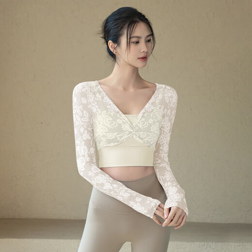 LULU CENTURY Women's Autumn and Winter Lace Fake Two-Piece Yoga Wear with Breast Pad Slimming Long-Sleeve Pilates Training Fitness Wear Almond Color Fixed Cup/Lace Fake Two-Piece L
