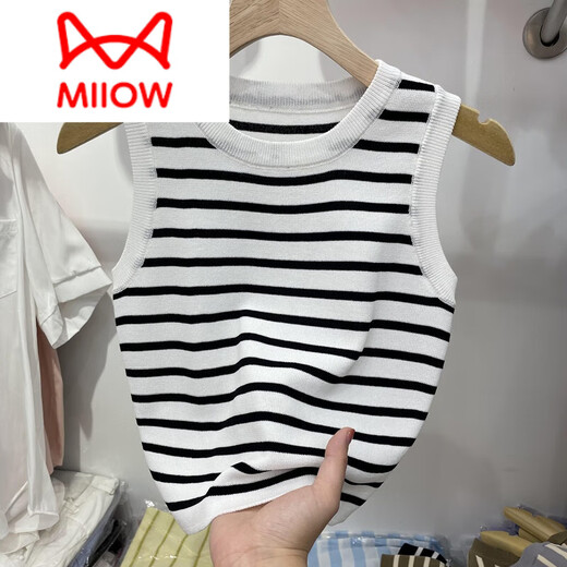 MiiOW Camisola a Rayas Ropa Exterior de Verano para Mujer Sin Mangas Top de Seda de Hielo de Lujo Ligero Camisa Corta de Punto de Primavera Blanco Talla única