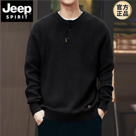 JEEP SPIRIT American retro black knitted Henley sweater men's autumn and winter trendy brand lazy loose casual pullover sweater for men and women Khaki L