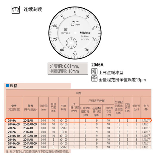 Mitutoyo dial indicator dial indicator high precision pointer indicator imported from Japan 2046AB/0-10mm/0.01mm/flat cover