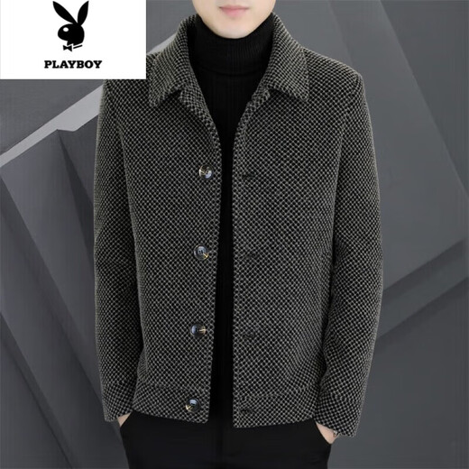 Playboy high-end woolen jacket men's autumn and winter new lapel thickened clothes winter casual jacket men's gray high quality 2XL 140-155Jin Jin equals 0.5 kg