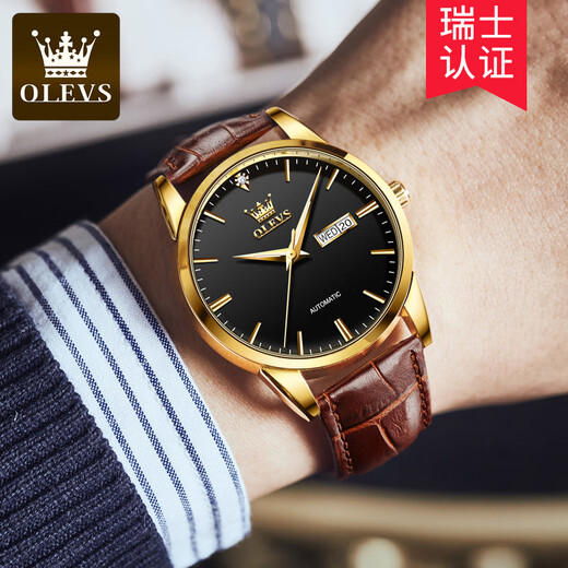 欧利时（OLEVS）瑞士认证品牌手表男机械表全自动男士手表防水夜光时尚商务男腕表 OLEVS-6629男-棕皮黑面