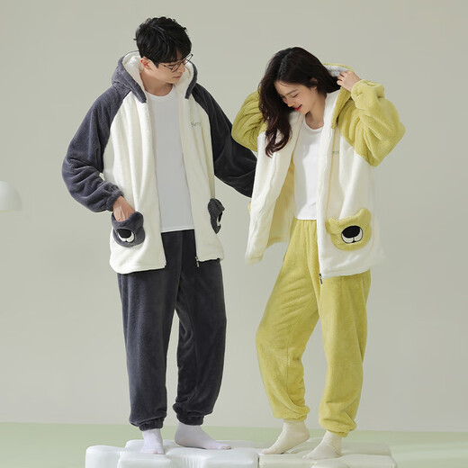 浪莎（LangSha）冬季睡衣情侣装女士珊瑚绒加厚保暖加绒连帽休闲可外穿家居服男士 X6630女+X6631男 女M【150-160CM/90-110斤】