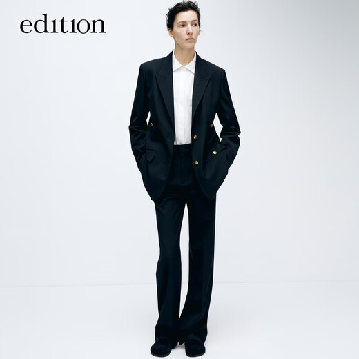 edition【高圆圆同款】西装外套春新款复古戗驳领黑色羊毛精纺女绅士 黑色K01 S (160)