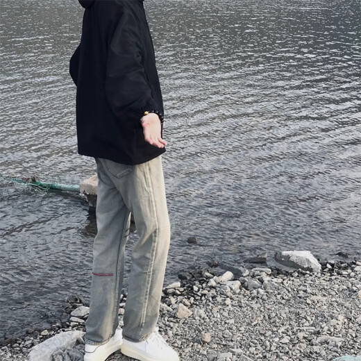 Black box white jeans men's haze smoke gray 2025 spring and summer American retro vibe pants slim elastic straight twitch WKXS-K653 light blue M