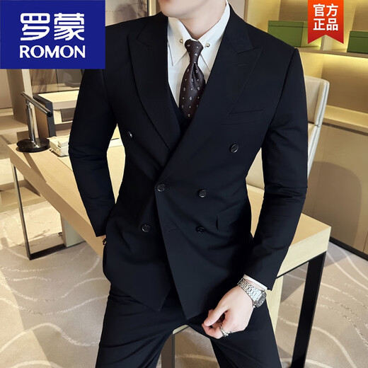 ROMON double-breasted gun lapel suit men's suit slim casual business formal groom wedding dress three-piece suit black double-breasted suit + trousers XL 125-140Jin Jin equals 0.5 kg