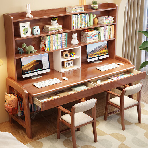 Huixun solid wood double desk bookshelf integrated home liftable children's study table study student study desk writing desk walnut color #desk + bookshelf 160cm*60cm*75cm total height 190cm