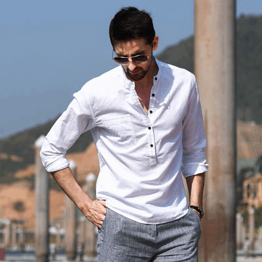 Cangishi Kazuki Cangishi Kazuki high-end cotton and linen Henry collar shirt men's trendy brand 2025 summer new stand-up collar long-sleeved shirt spring and autumn dark gray L